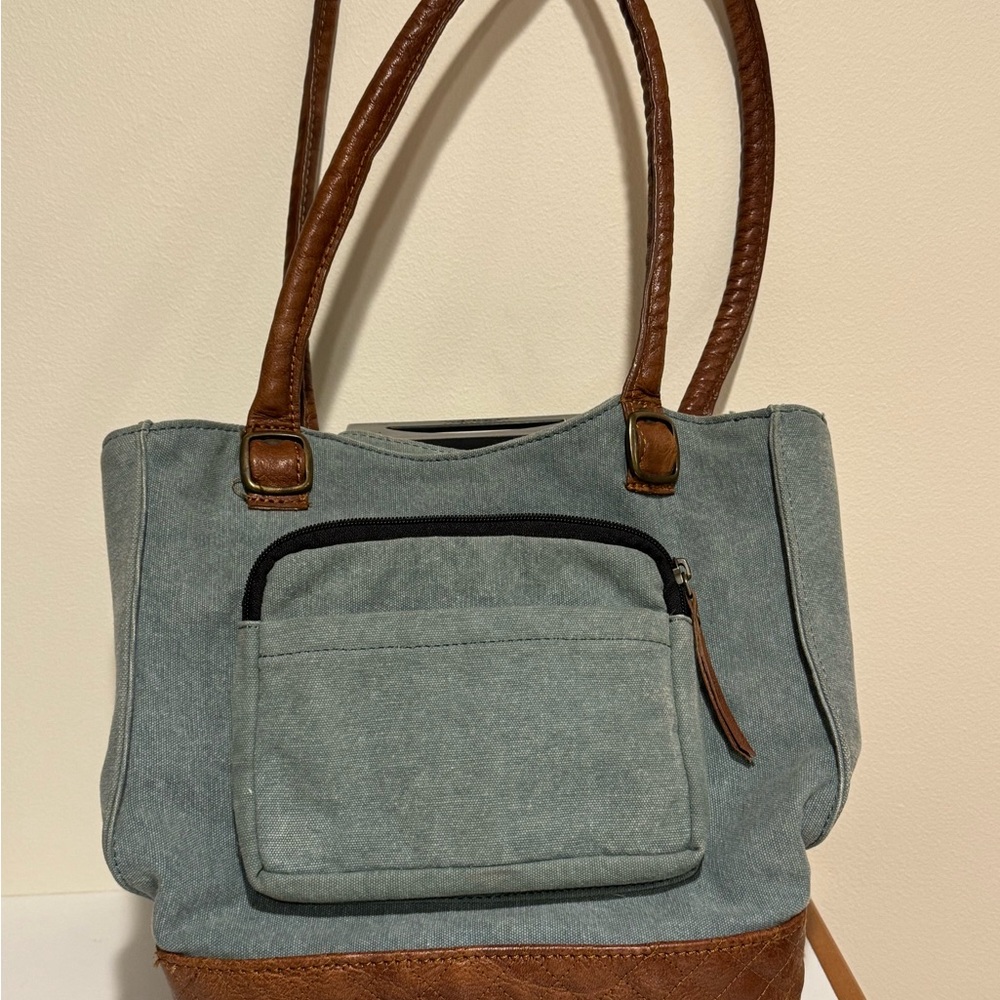 Mona B Blue and Brown Canvas Leather Tote Bag